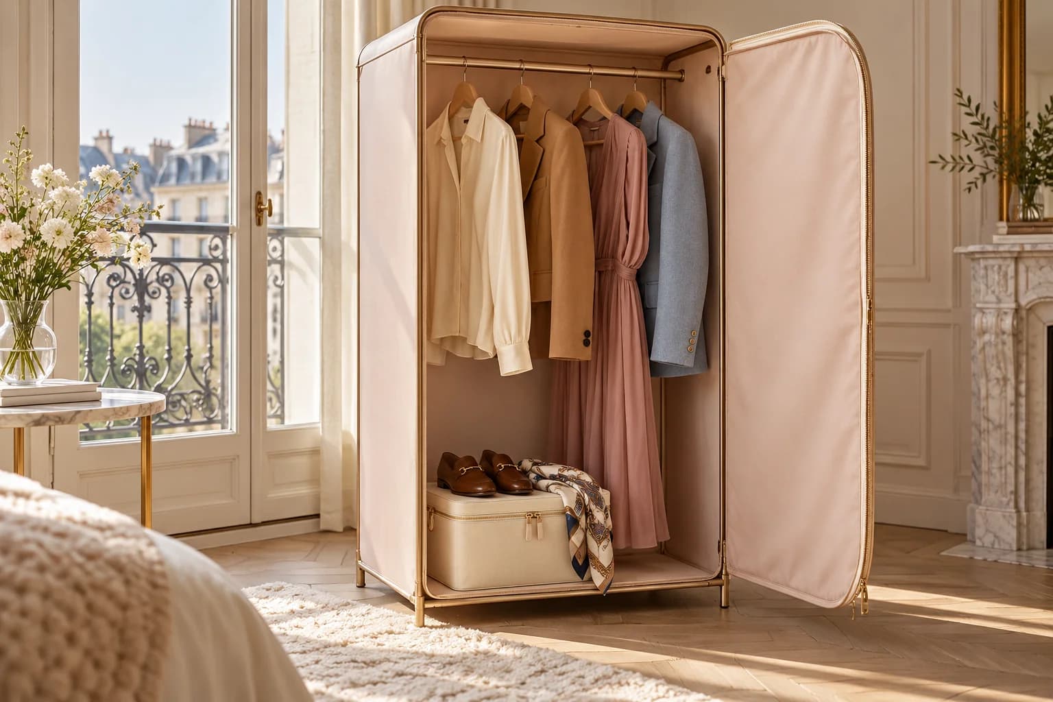 Illustration d’une penderie rose poudré avec une sélection de vêtements et une box accessoires