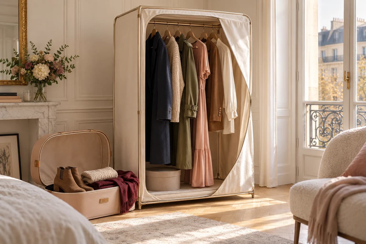 Illustration d’une penderie ivoire avec une garde-robe saisonnière variée et un coffre à accessoires