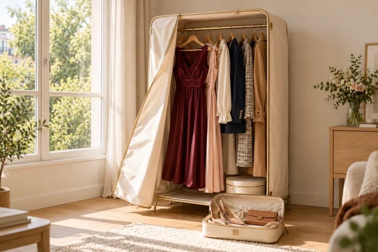Penderie avec robes de soirée et box pour chaussures et accessoires